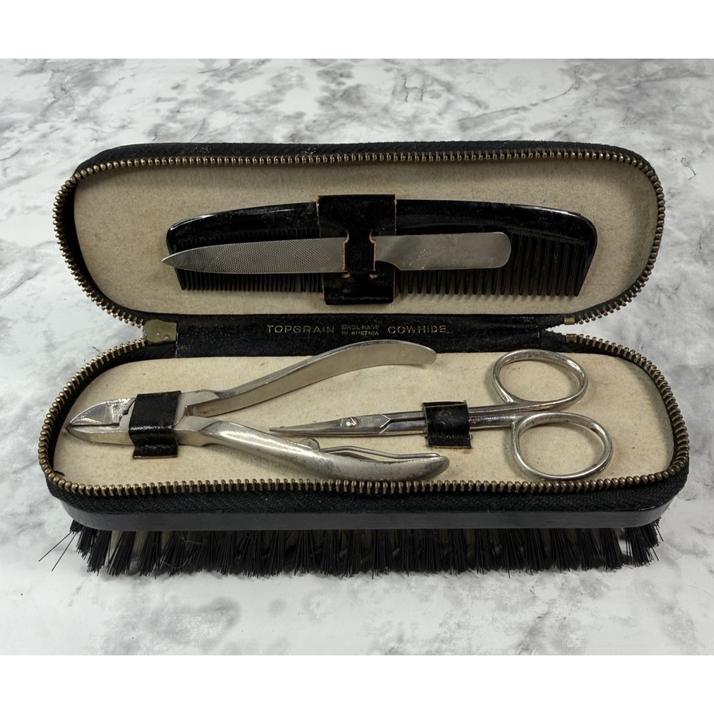 Vintage Gentlemens Leather Travel Grooming Kit With Shoe Brush Made In Austria